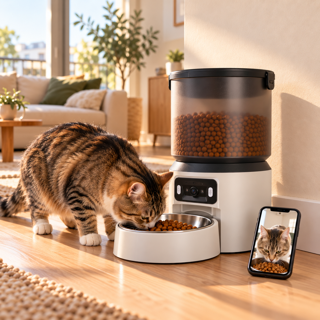 Distributeur de croquettes pour chat avec caméra HD Mewzy One blanc, chat qui mange dans un salon