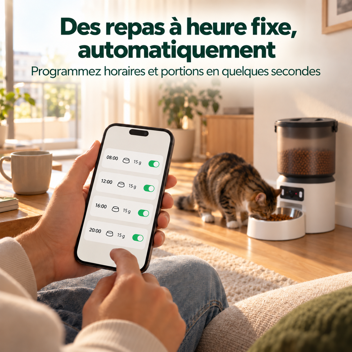 Mewzy One blanc : programmation des repas et des portions depuis l'application