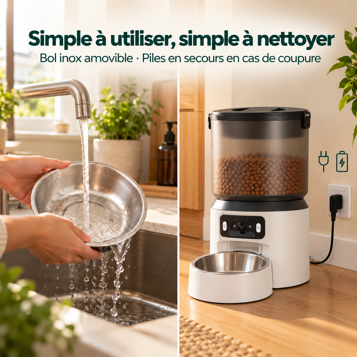 Mewzy One blanc : bol inox amovible et piles de secours en cas de coupure